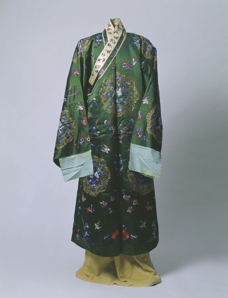 图片[2]-Green satin plain gold embroidered ten regimented crane pattern open cloak-China Archive